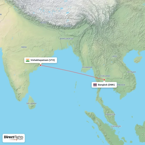 Vishakhapatnam - Bangkok direct flight map