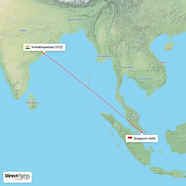 Vishakhapatnam - Singapore direct flight map