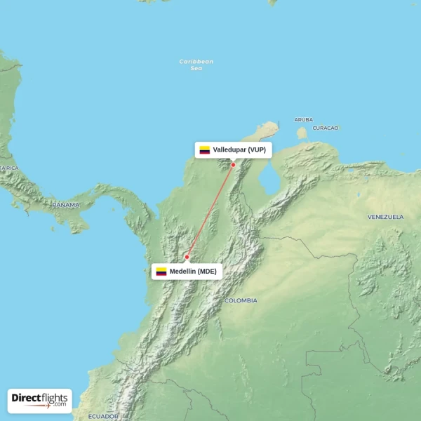 Valledupar - Medellin direct flight map
