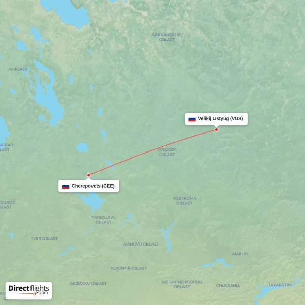 Velikij Ustyug - Cherepovets direct flight map