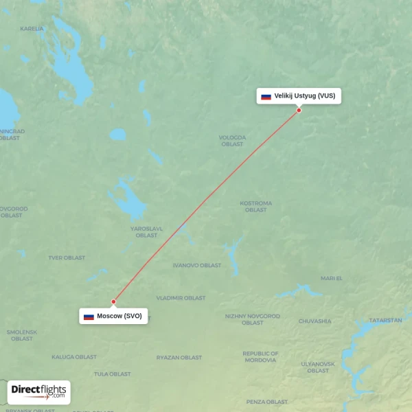 Velikij Ustyug - Moscow direct flight map