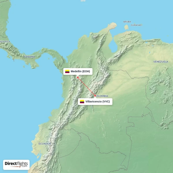Villavicencio - Medellin direct flight map