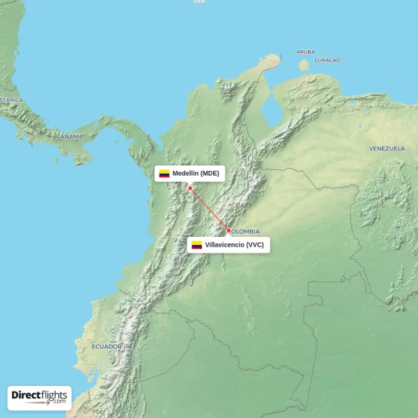 Villavicencio - Medellin direct flight map