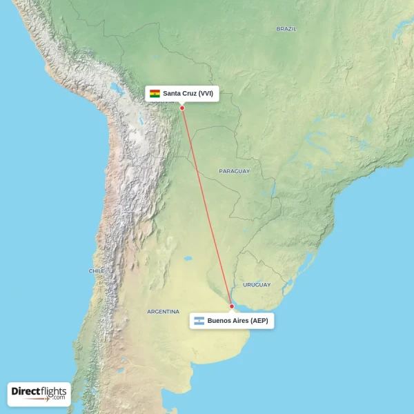 Santa Cruz - Buenos Aires direct flight map
