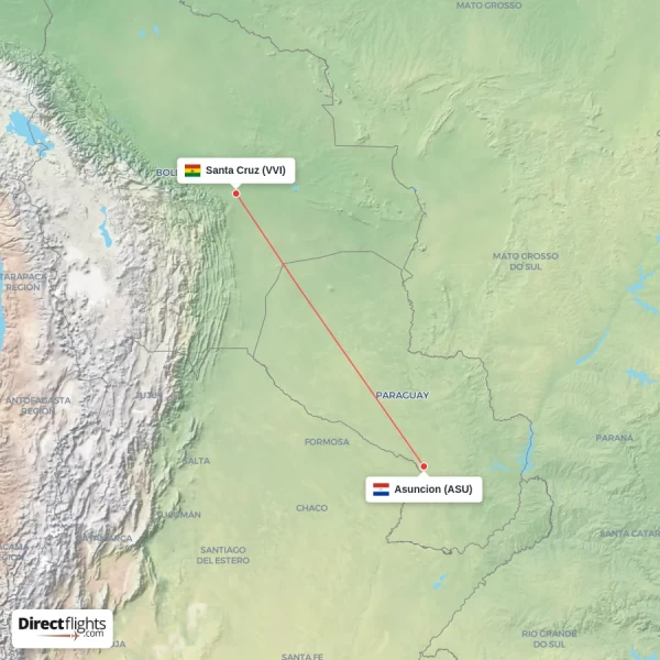 Santa Cruz - Asuncion direct flight map