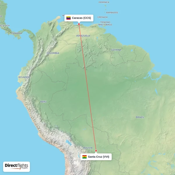 Santa Cruz - Caracas direct flight map