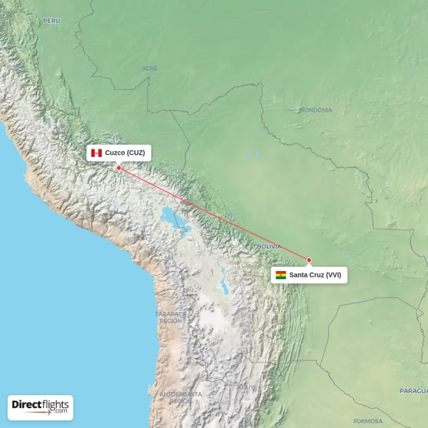 Santa Cruz - Cuzco direct flight map