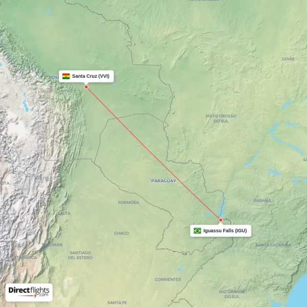 Santa Cruz - Iguassu Falls direct flight map
