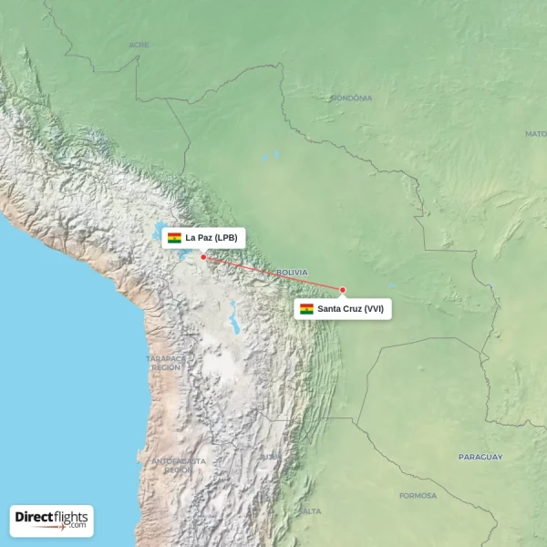 Santa Cruz - La Paz direct flight map