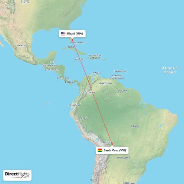 Santa Cruz - Miami direct flight map