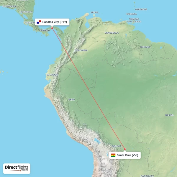 Santa Cruz - Panama City direct flight map