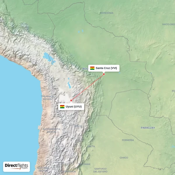 Santa Cruz - Uyuni direct flight map
