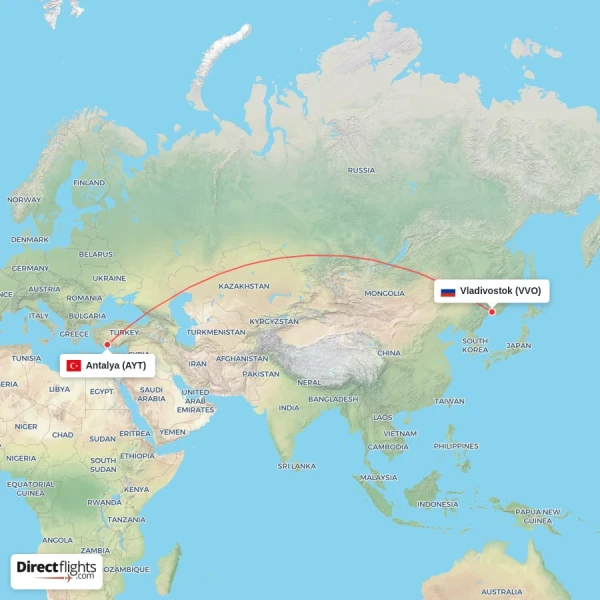 Vladivostok - Antalya direct flight map