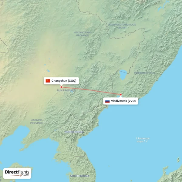 Vladivostok - Changchun direct flight map