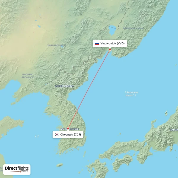 Vladivostok - Cheongju direct flight map