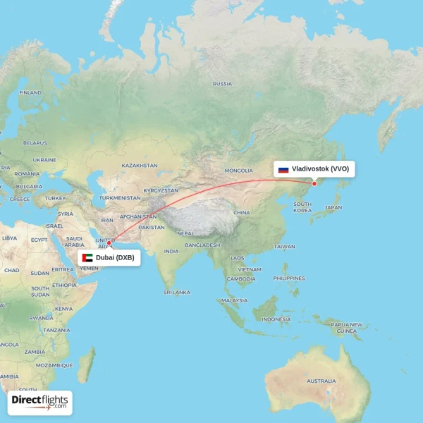 Vladivostok - Dubai direct flight map