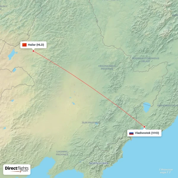 Vladivostok - Hailar direct flight map