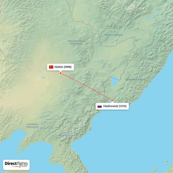 Vladivostok - Harbin direct flight map