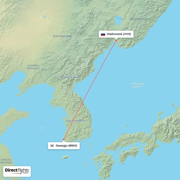 Vladivostok - Gwangju direct flight map