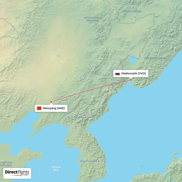 Vladivostok - Shenyang direct flight map