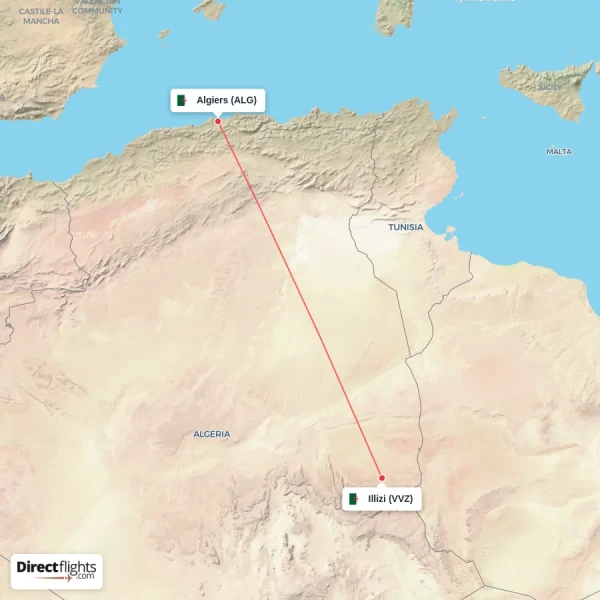 Illizi - Algiers direct flight map