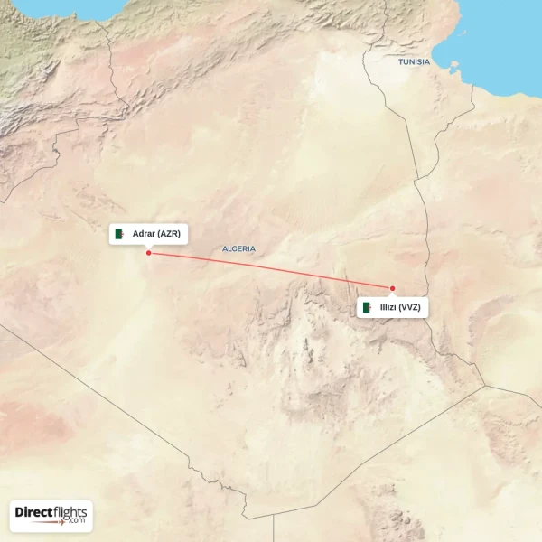 Illizi - Adrar direct flight map
