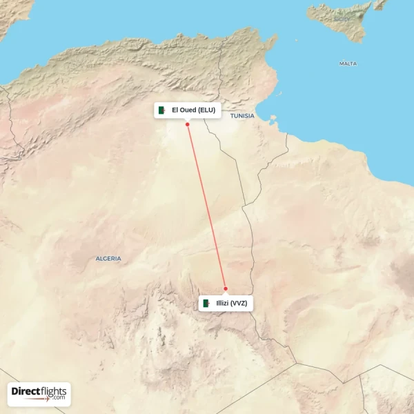 Illizi - El Oued direct flight map