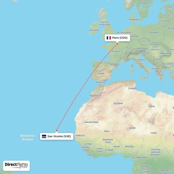 Sao Vicente - Paris direct flight map