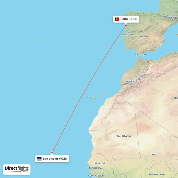 Sao Vicente - Porto direct flight map
