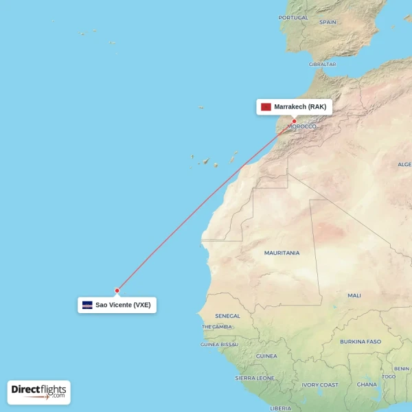 Sao Vicente - Marrakech direct flight map