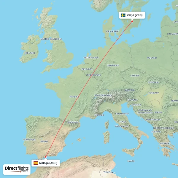 Vaxjo - Malaga direct flight map