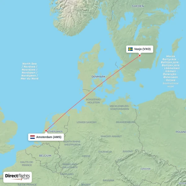 Vaxjo - Amsterdam direct flight map