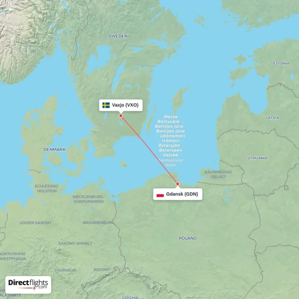 Vaxjo - Gdansk direct flight map