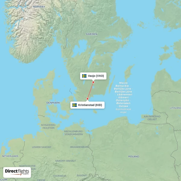 Vaxjo - Kristianstad direct flight map