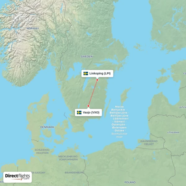 Vaxjo - Linkoping direct flight map