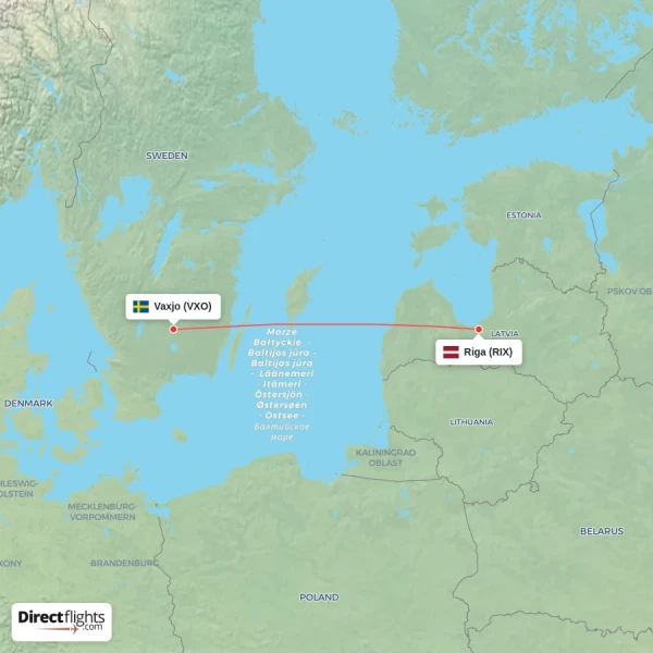 Vaxjo - Riga direct flight map