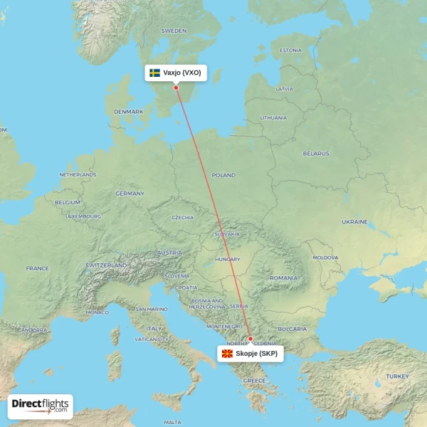 Vaxjo - Skopje direct flight map