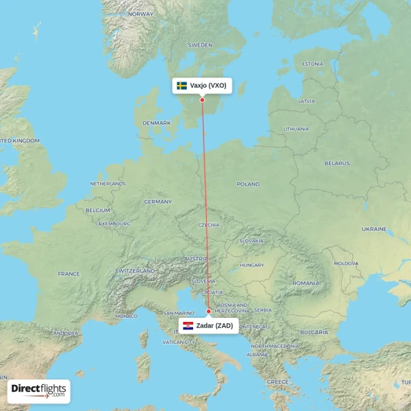 Vaxjo - Zadar direct flight map