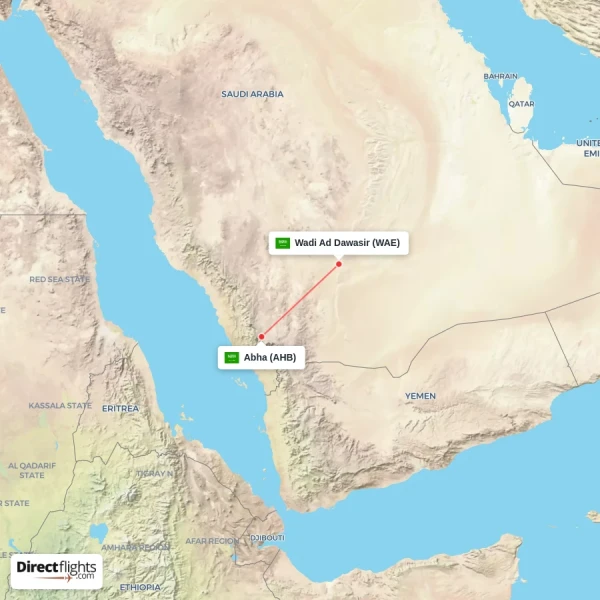 Wadi Ad Dawasir - Abha direct flight map