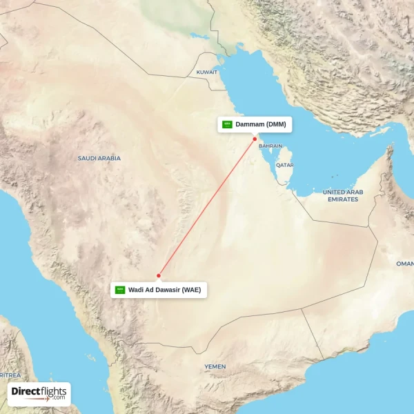 Wadi Ad Dawasir - Dammam direct flight map