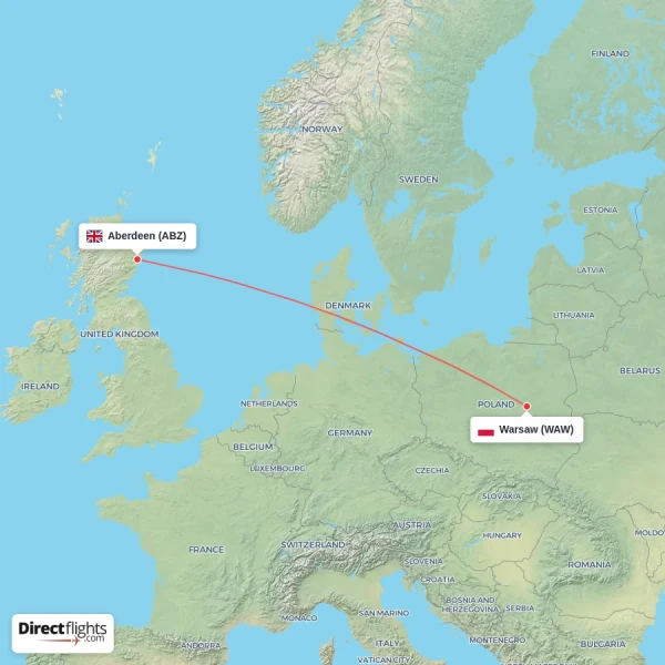 Warsaw - Aberdeen direct flight map