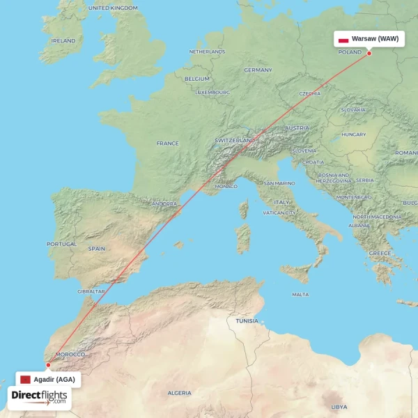 Warsaw - Agadir direct flight map