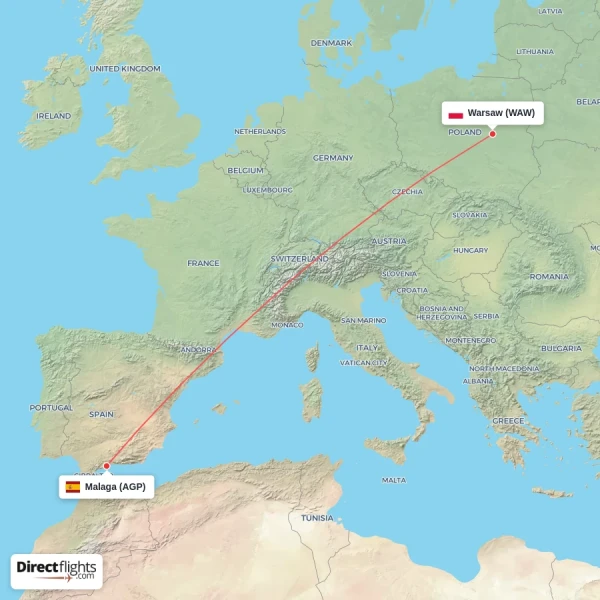 Warsaw - Malaga direct flight map