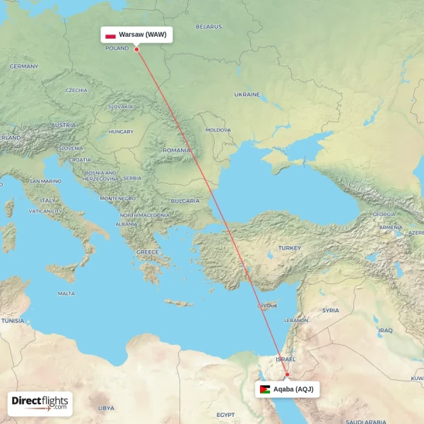 Warsaw - Aqaba direct flight map