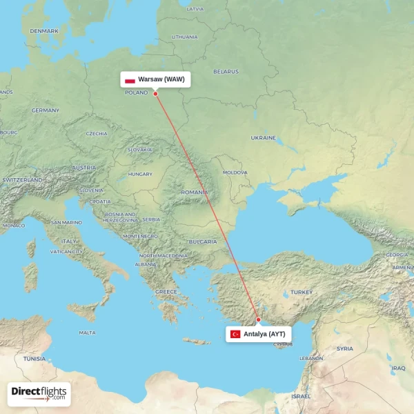 Warsaw - Antalya direct flight map