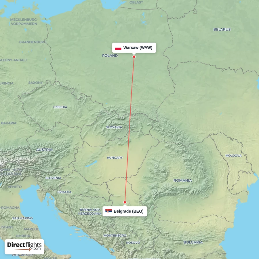 WAW - BEG route map