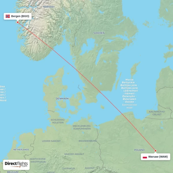 Warsaw - Bergen direct flight map