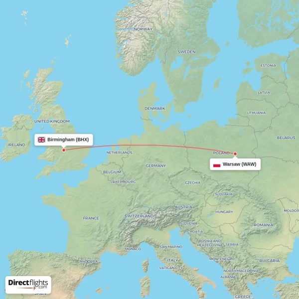 Warsaw - Birmingham direct flight map