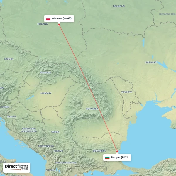 Warsaw - Burgas direct flight map