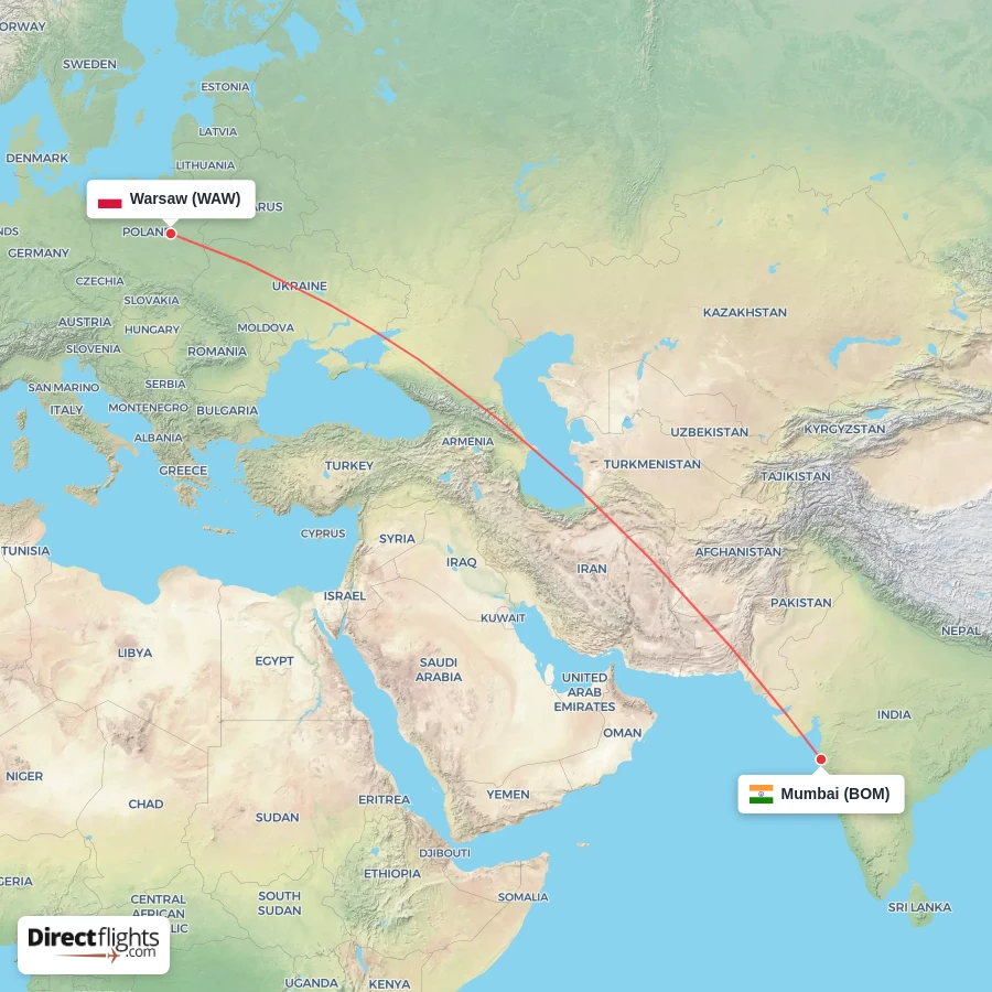 WAW - BOM route map